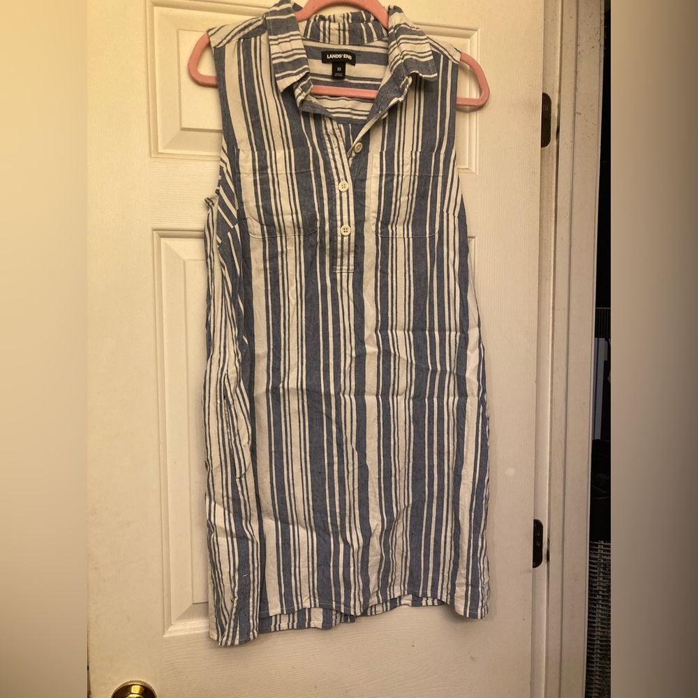 Lands' End Blue and White Striped Linen blend, size 10, dress, cute and comfy